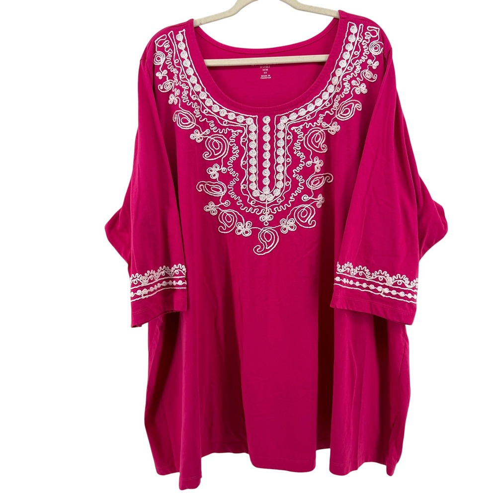 Woman Within Magenta Pink Embroidered Top 3/4 Sleeve Boho Scoop Neck 34/36 6X